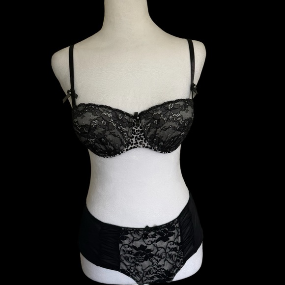NWOT Sophie B -Women’s Black Bra & Panty Set -Sexy Lace & Leopard -Sizes 34B & L - Picture 2 of 11